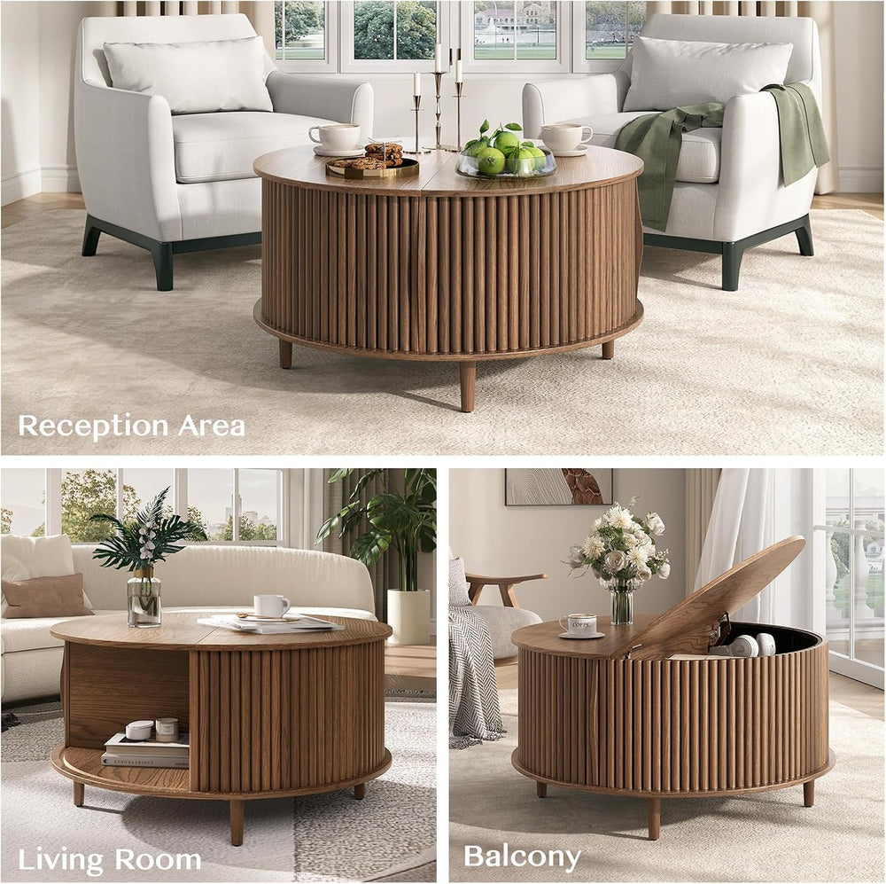 JOINICE 31.5" Round Coffee Table with Storage for Living Room, Walnut