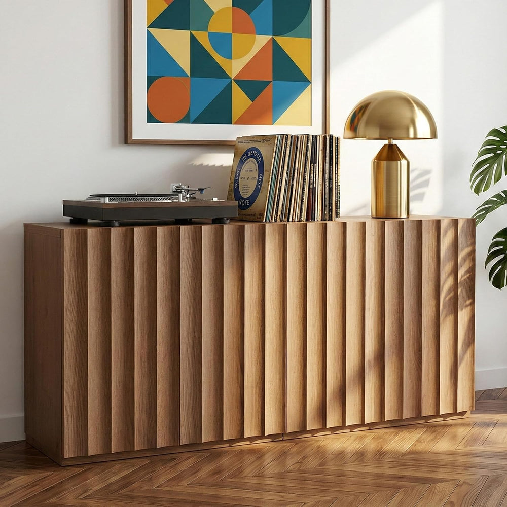 VividVibe Sideboard Cabinet, 62.74" Buffet Fluted Cabinet, Amber Oak