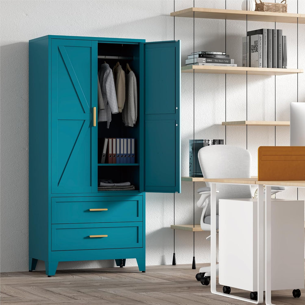 Washsemba 71'' Farmhouse Metal Wardrobe Cabinet with Hanging Rod, 2 B...