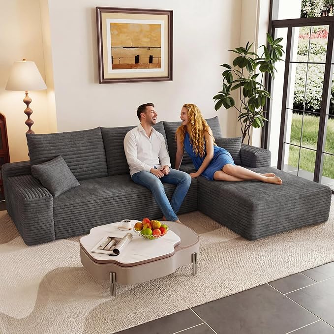 95" Modular Sectional Couch, L Shaped Cloud Sofa with Chaise Lounge, Corduroy Upholstered Couches Memory Foam Deep Seat, No Assembly Required, Ideal for Living Room(Dark Gray, Right Facing)