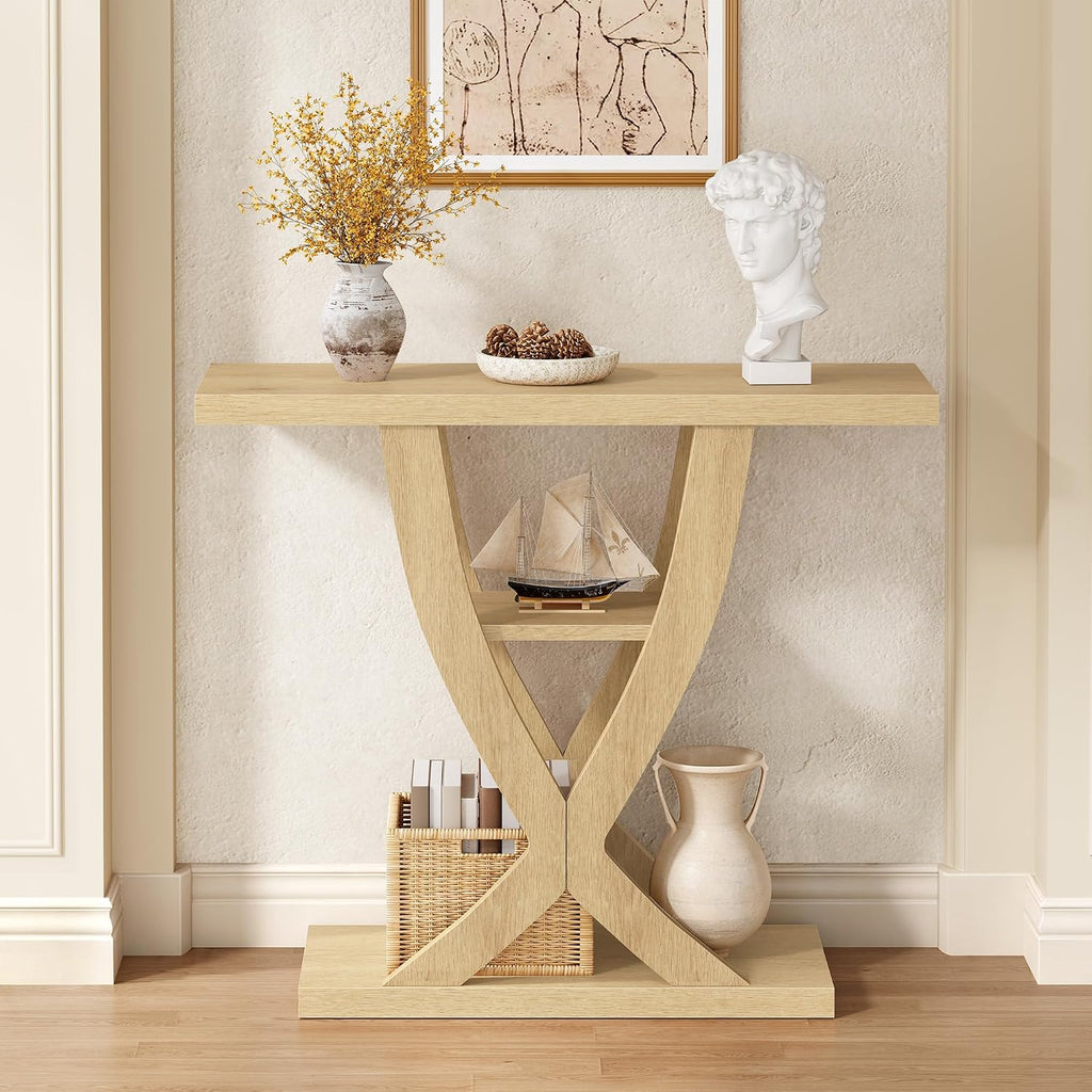 FAVOOSTY 31.5" Entryway Table, 3 Tier Hallway Table, Console Table, Natural