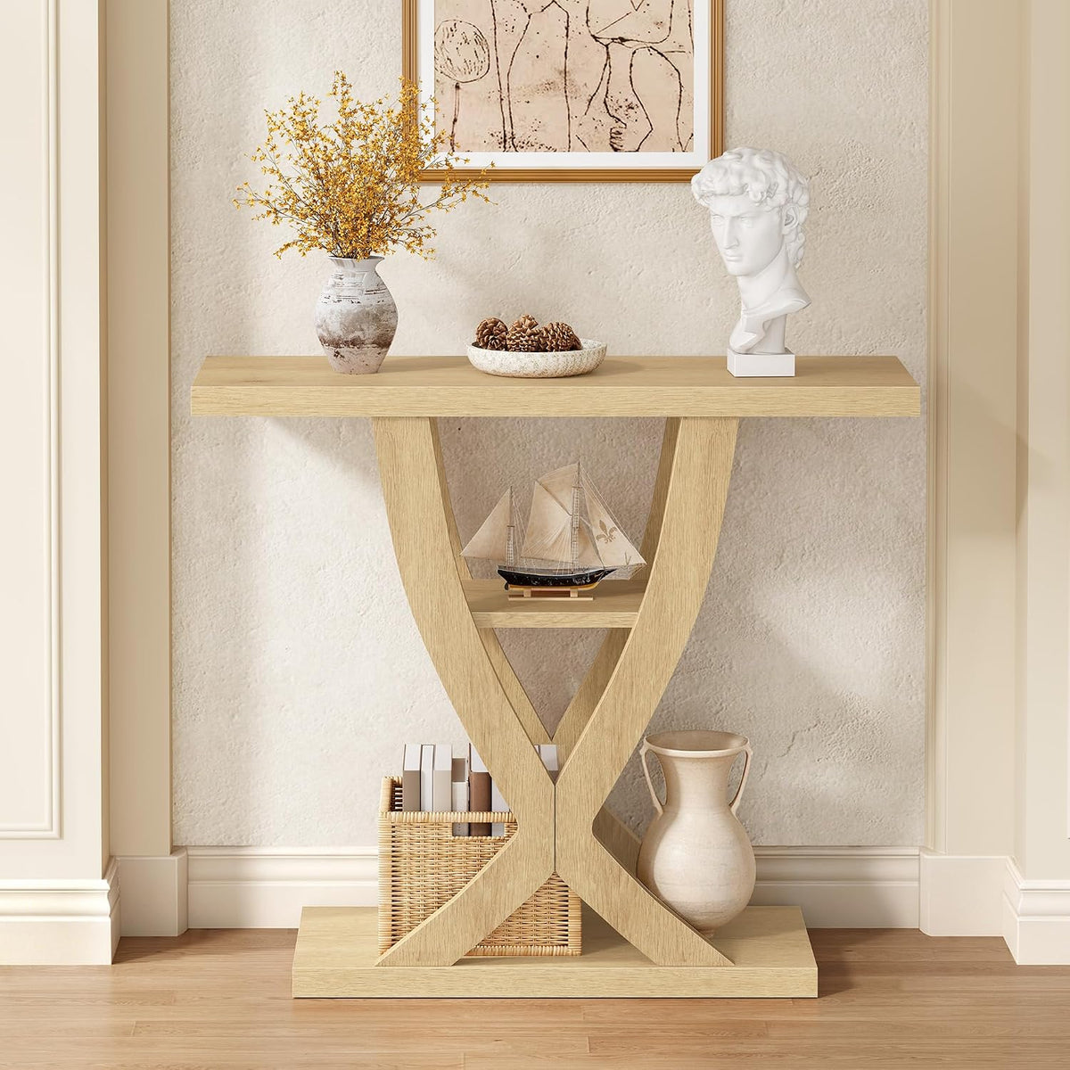FAVOOSTY 31.5" Entryway Table, 3 Tier Hallway Table, Console Table, Natural