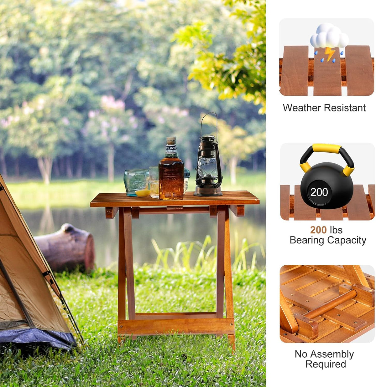 outvita wood folding side table, square, teak, side view