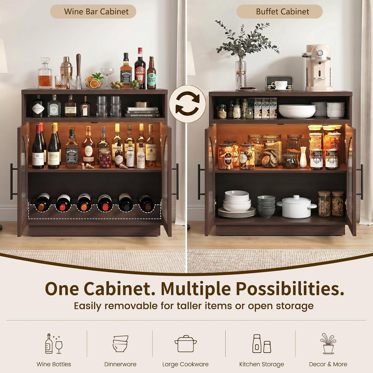 Coffee Bar Cabinet with Storage and LED Lights, Entryway Accent Cabinet