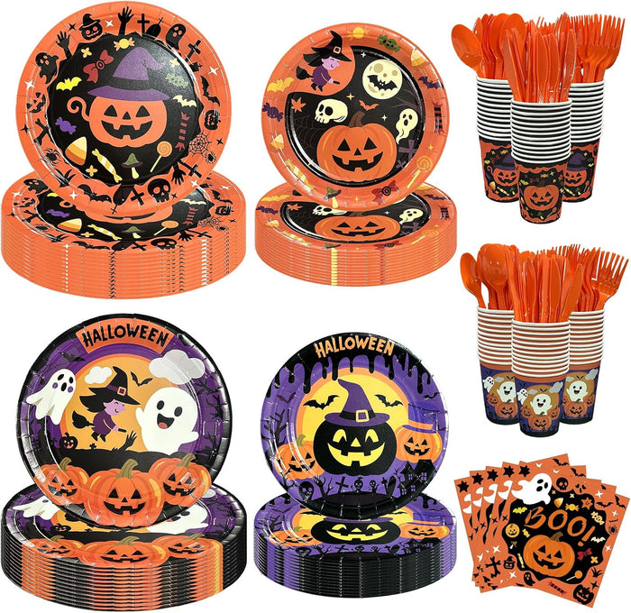 UJoyant 350 PCS Halloween Plates and Napkins Sets, Halloween Party Supplies Includes Disposable Plates Dessert Plates Napkins Cups Plastic Knives Forks Spoons Disposable Dinnerware Set (50 Guest)