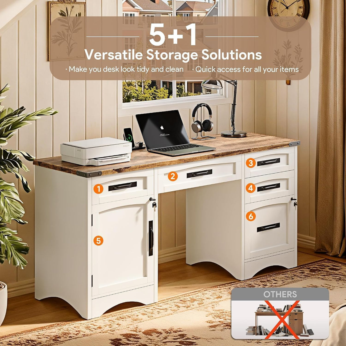 Decofy Farmhouse Executive Desk with Drawers, 55" Home Office Desks with Fast Charging Station, Lockable File Cabinet, Wood Writing Computer Desk for Work, Study