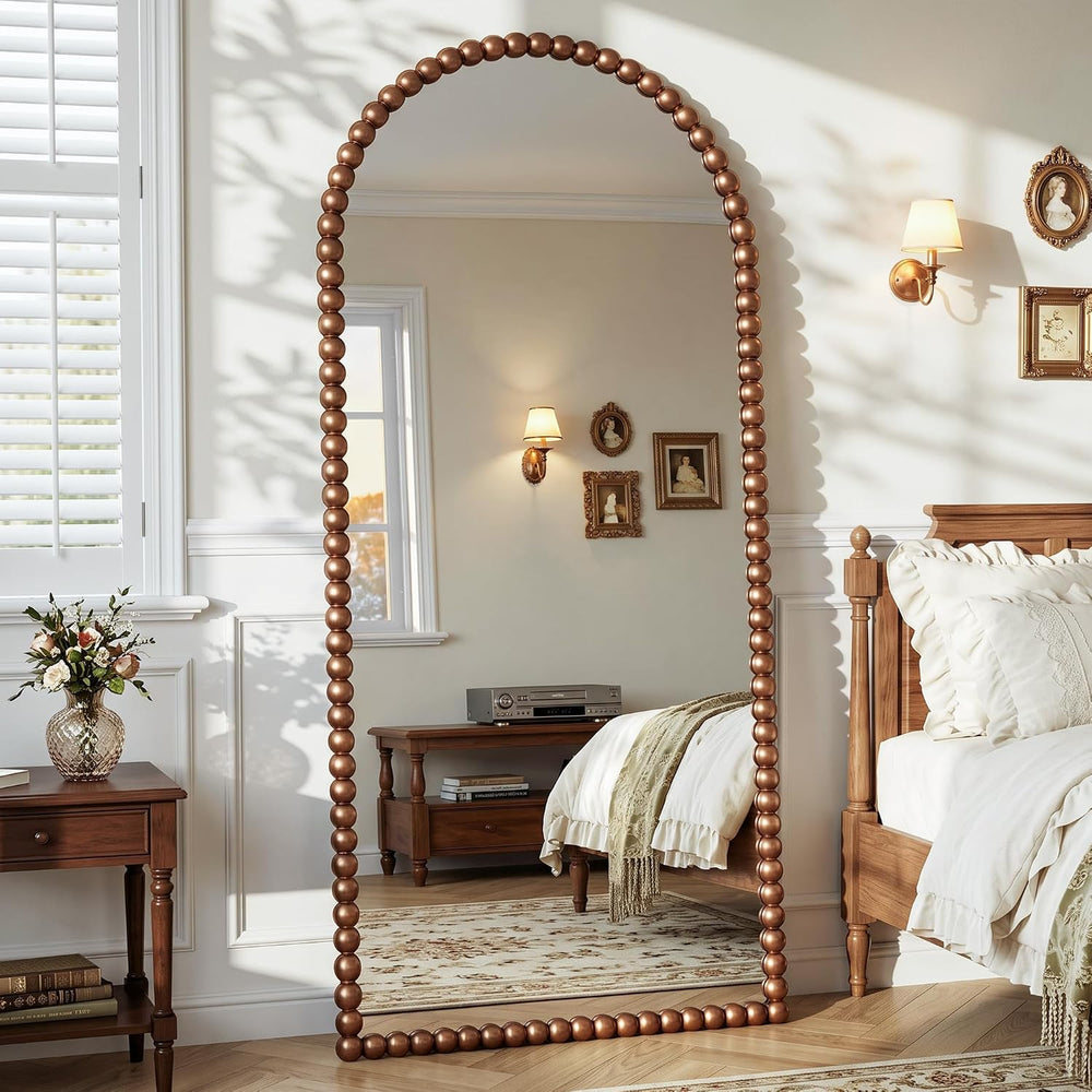 Antok 76" x 34" Arched Full Length Mirror, Antique Beaded Frame Flo...