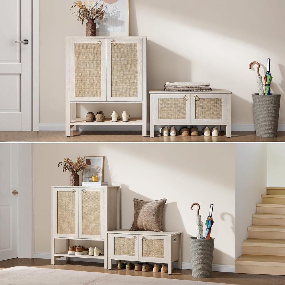 SICOTAS Rattan Shoe Cabinet with Storage, 5 Tier, White Cream Oak