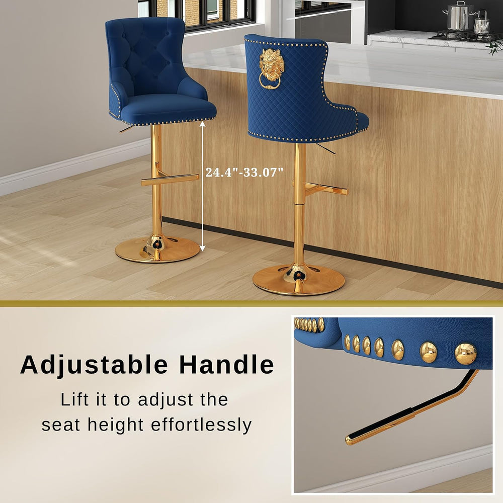 Velvet Bar Stools Set of 4, Adjustable Height, Gold Metal Base, Blue