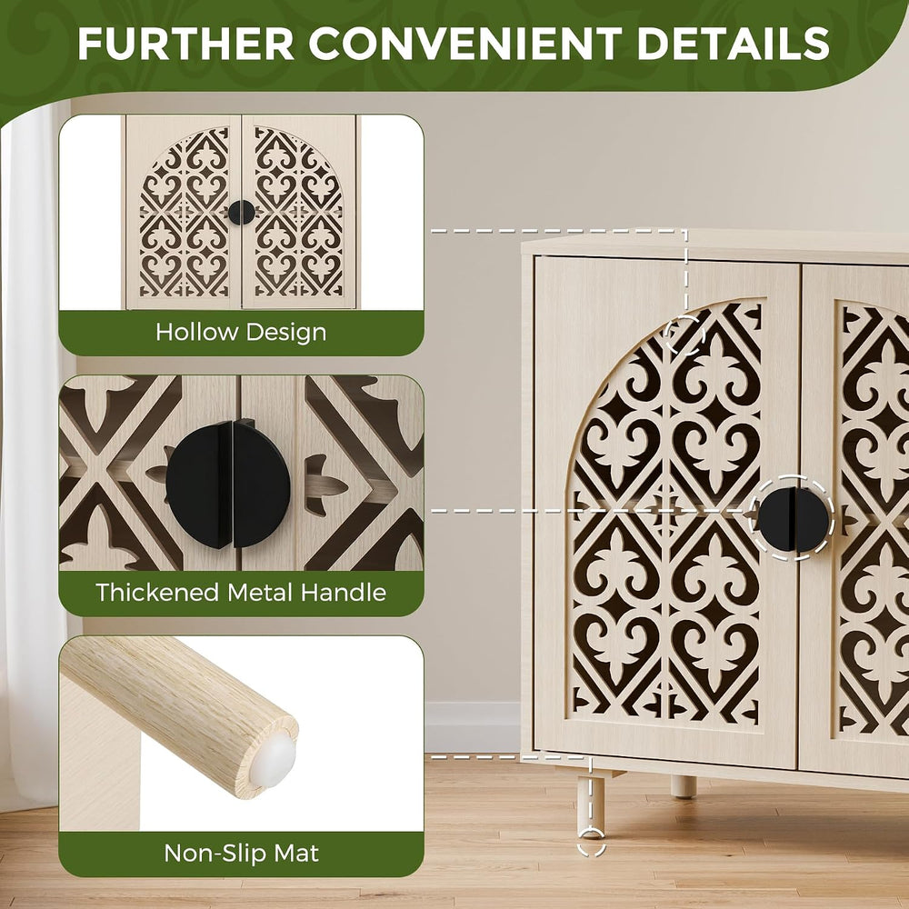 Boho Sideboard Buffet Cabinet with Adjustable Shelves, (Beige)