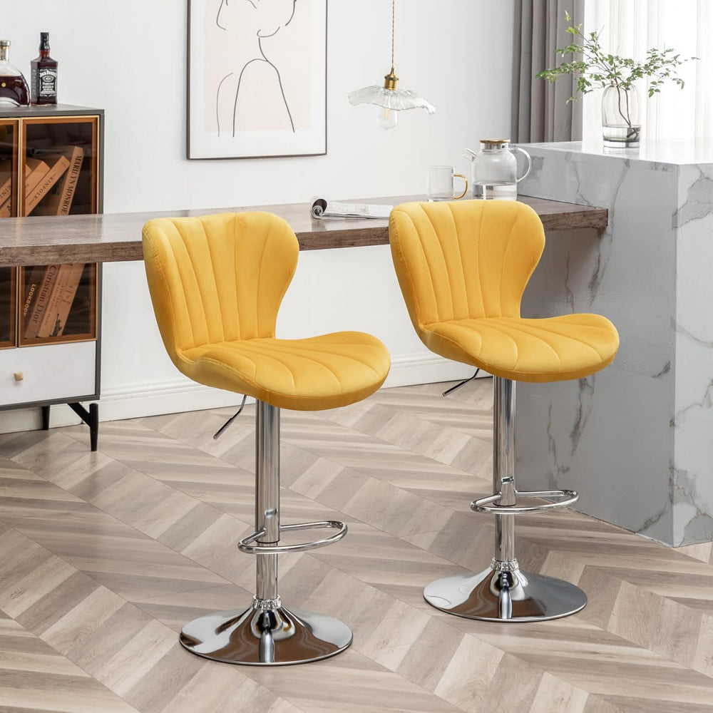 Roundhill Furniture Ellston Velvet Adjustable Swivel Barstools in Yellow, Set...
