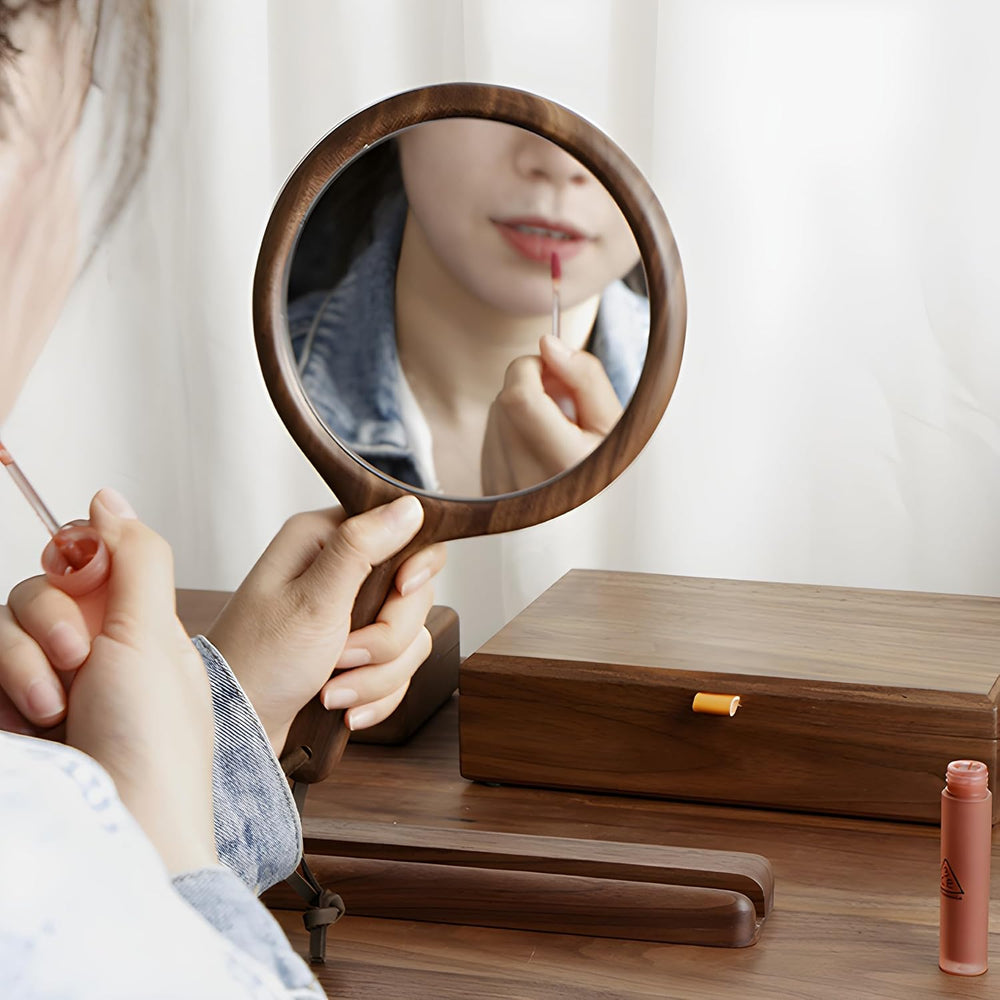 Solid Black Walnut Hand Mirrors, Wooden Handheld Mirrors with Stand, Makeup