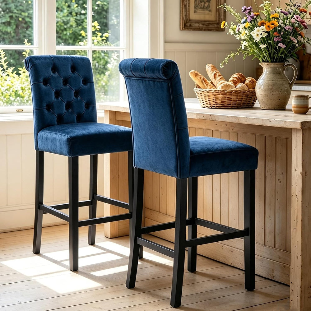 26" Button Tufted Bar Stools Set of 2 Velvet Upholstery, Blue