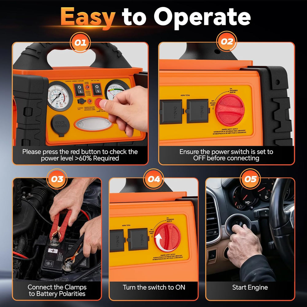 Portable Jump Starter with Air Compressor, FlyAuto 2200A Battery Booster for ...