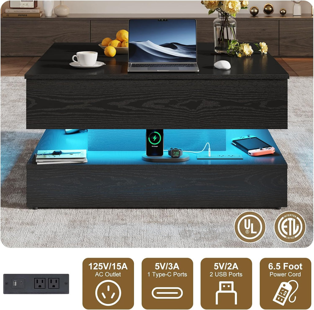 35.4" Large Square Coffee Table with Lifting top,Charging Station,Modern 2-Tier Square Center Table w/Hidden Compartment Storage,Tea Table with Wood Grain for Living Room, Office,Black