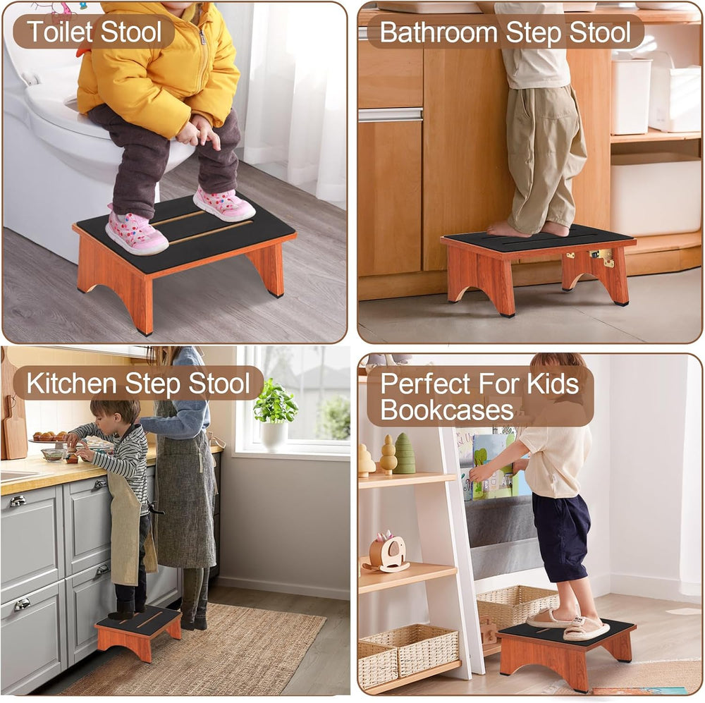 Step Stool Foldable, Wooden Step Stool with Non-Slip Rubber Stepping Platform...