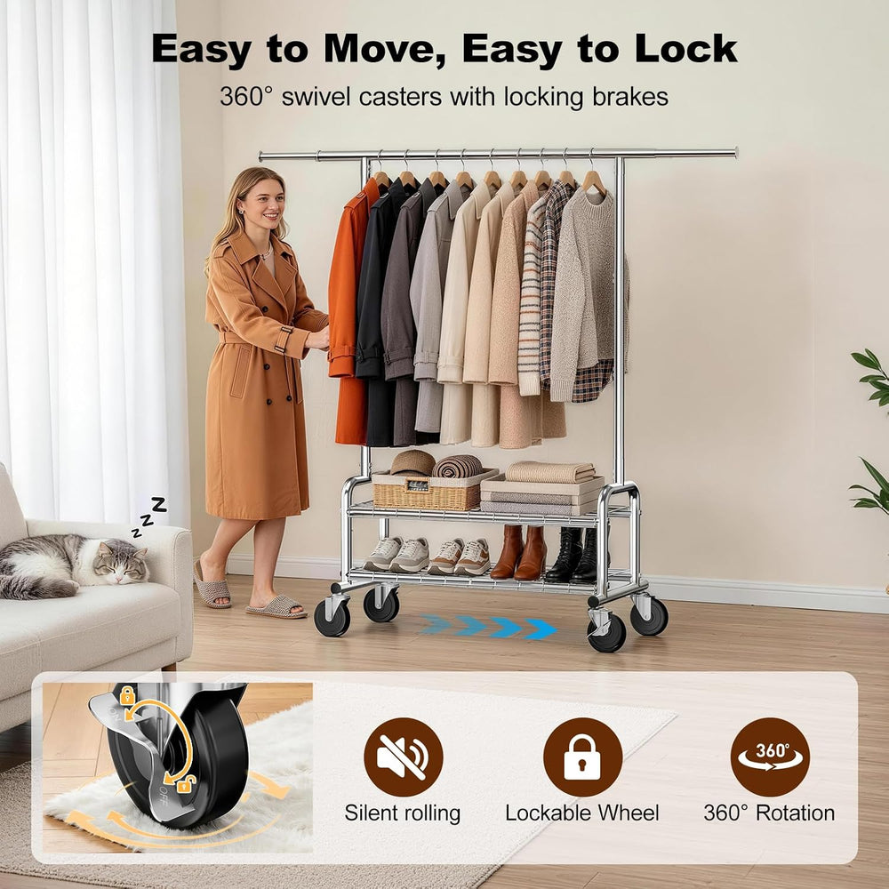 Clothes Rack Heavy Duty, 550 LBS Rolling Clothing Rack with Wheels, Silver