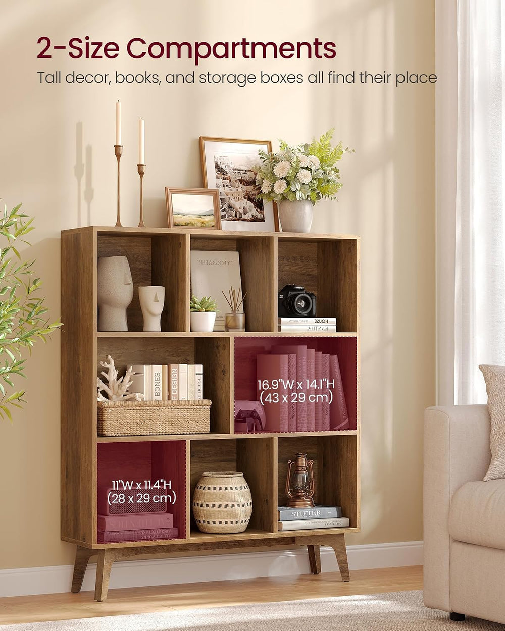 VASAGLE Mid-Century Modern 8-Cube Bookshelf, 35.4 x 9.4 x 42.3 Inch