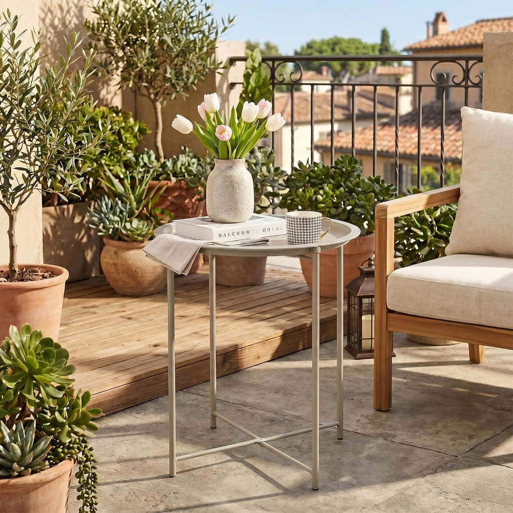 VECELO Side/End Table, Folding Round Metal Anti-Rust and Waterproof Outdoor o...