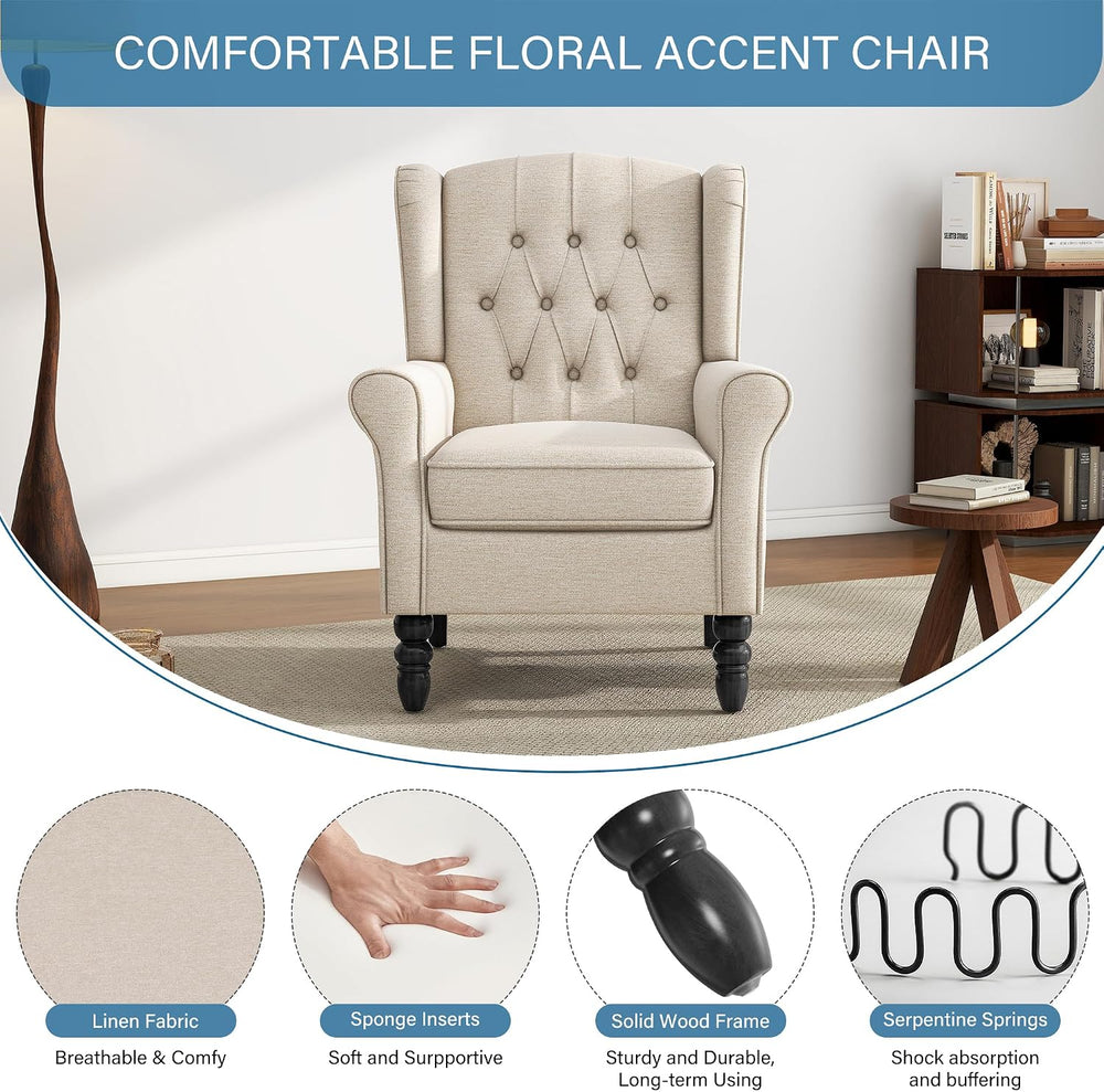 High Back Accent Chairs Set of 2, Wingback Armchair in Fabric, Beige
