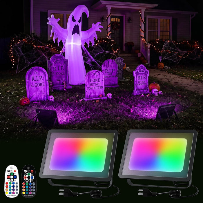 FALOVE 2 Pack Color Changing Flood Light by Dual Remote for Halloween Decor