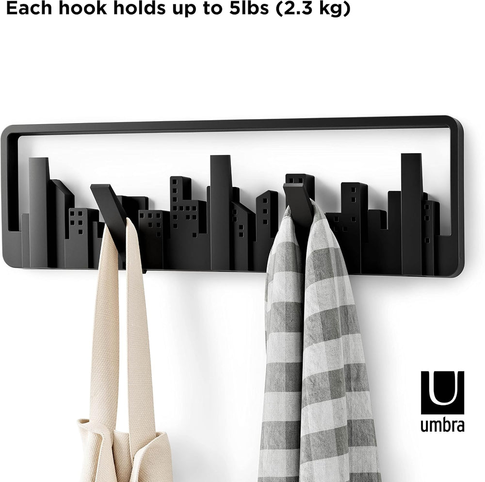 Umbra Skyline Coat Rack, Wall Mounted, 5 Retractable Hooks, Black
