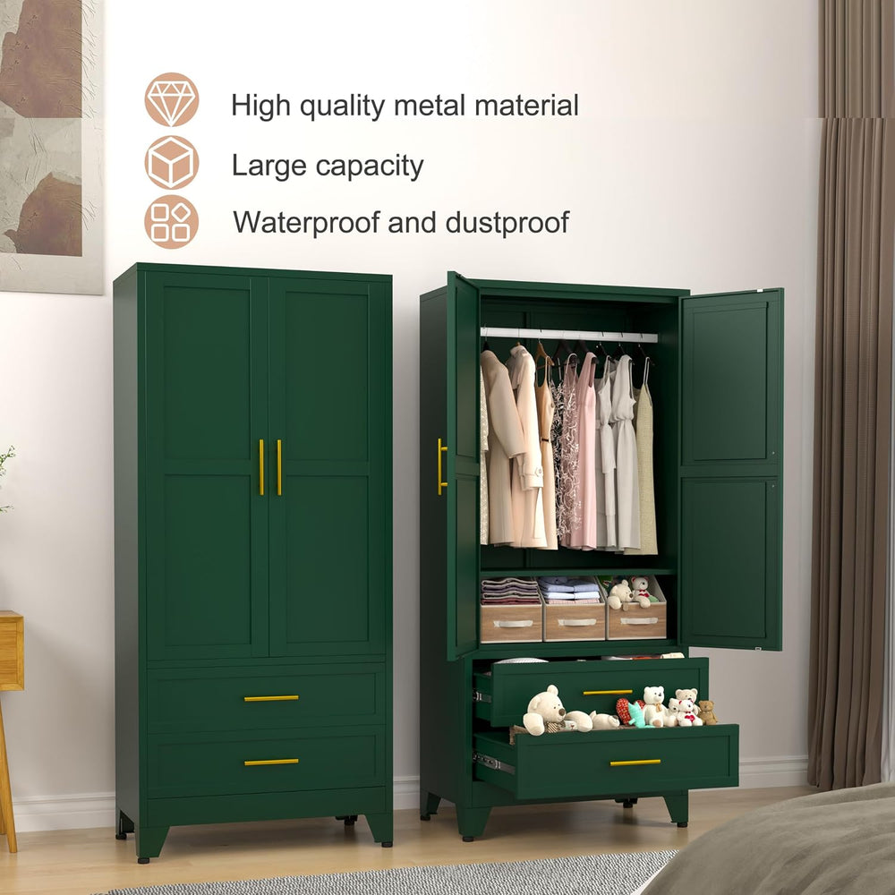 PAOFIN Green 71" Metal Armoire Wardrobe Closet, Bedroom Clothing Storage...