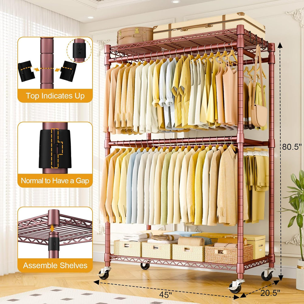 ULIFHOME Rolling Clothes Rack, Clothing Racks for Hanging Clothes, Bronze