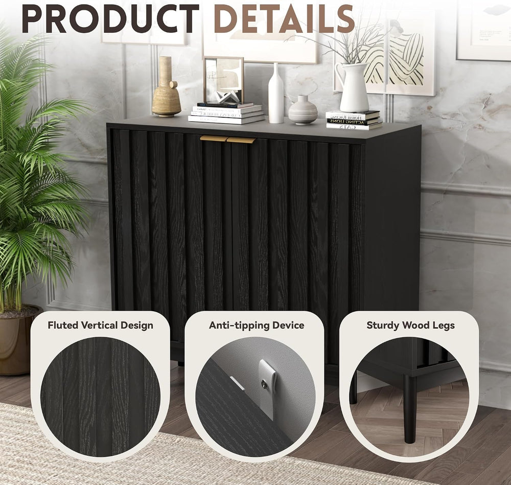 Otterease Fluted Buffet Cabinet with Storage, Small Accent Cabinets, Black