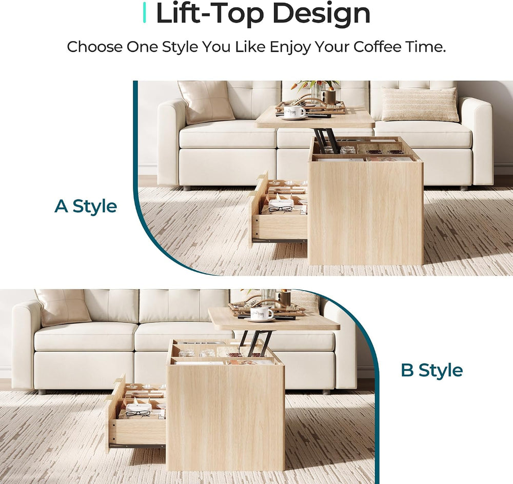 LINSY Home Lift Top Coffee Table with Hidden Storage, Adjustable Shelf, Oak |...