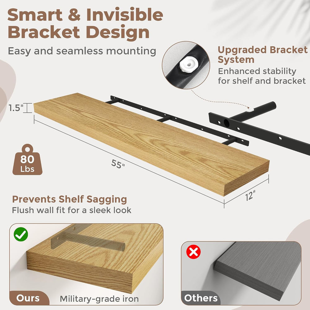 55 Inch Floating Shelves for Wall 2 Pack, 12"D Wood Grain Bathroom Shelves