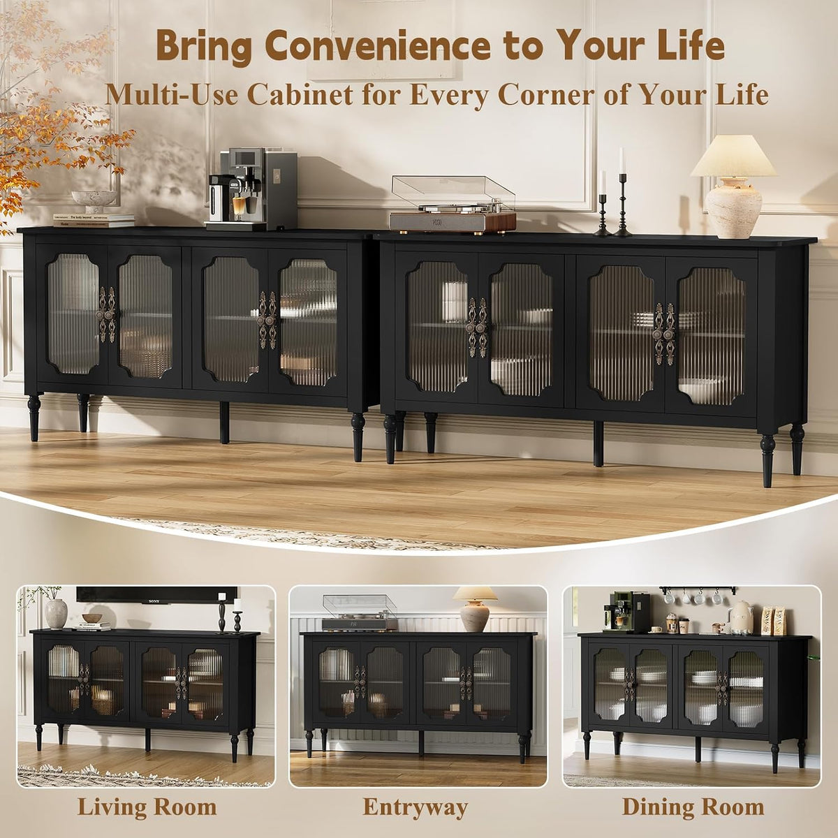 58" Sideboard Buffet Cabinet with Storage Adjustable Shelves, Black