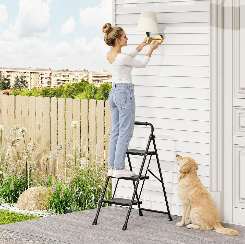 KINGRACK 3 Step Ladder Folding Step Stool with Handrail for Kitchen Black