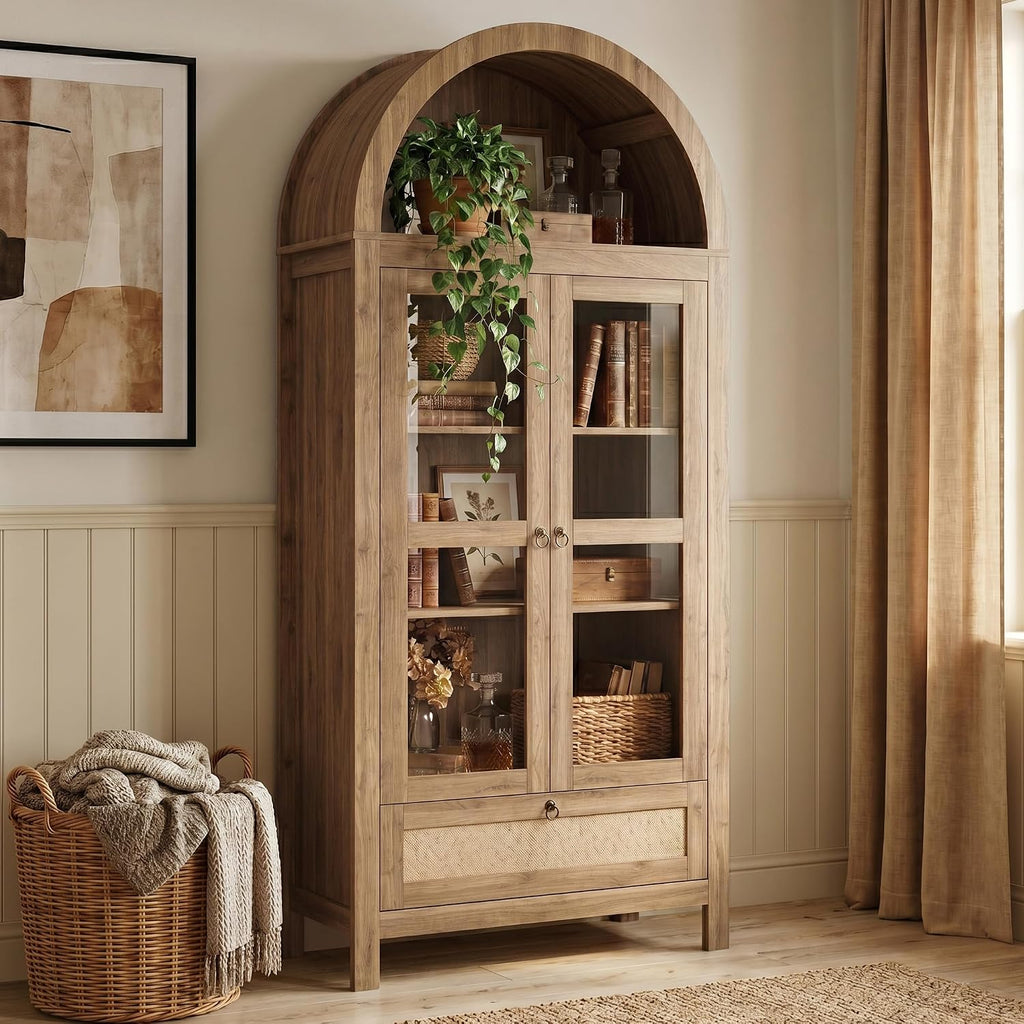 TYBOATLE 71'' Arched Pantry Cabinet with Glass Door for Kitchen Dining Room