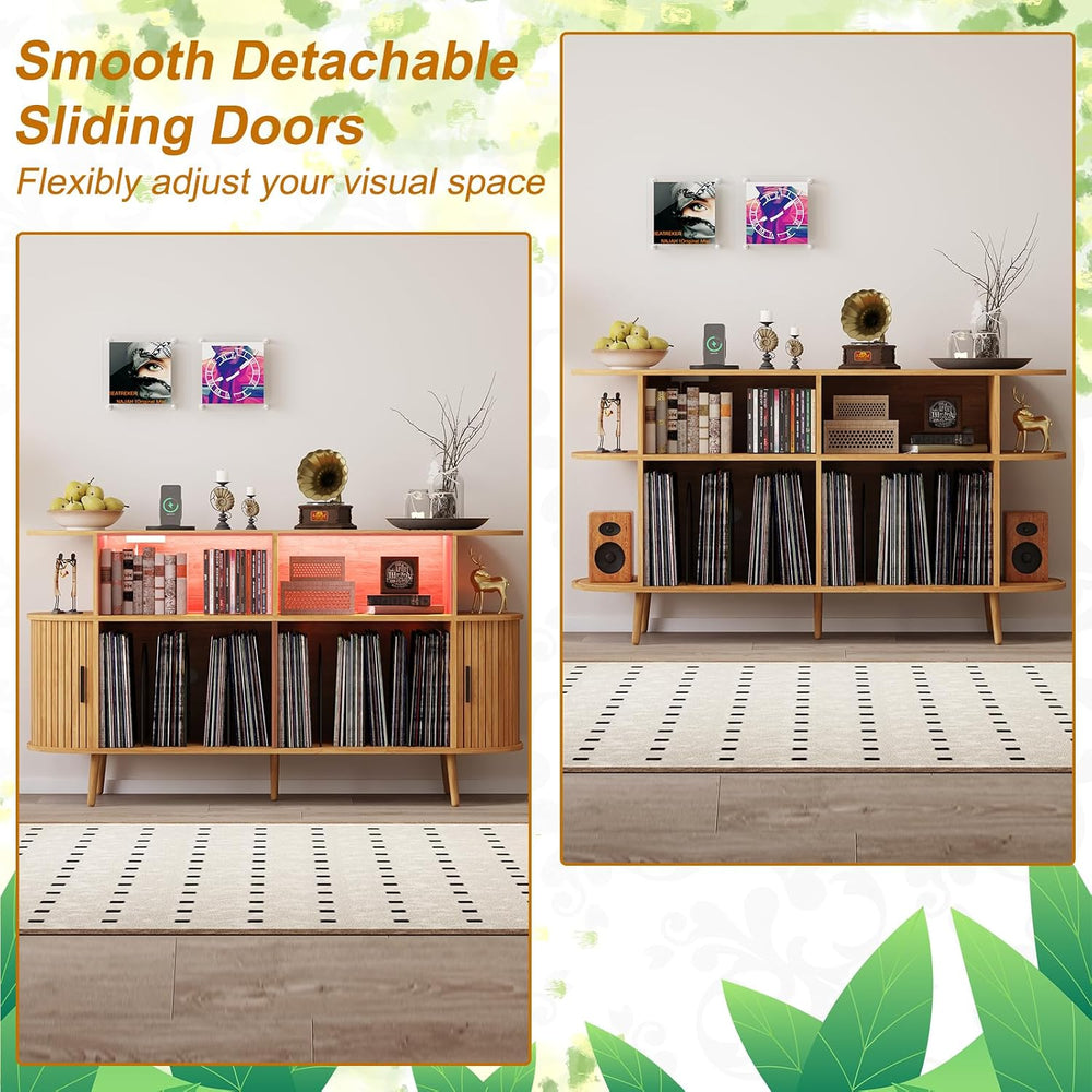 55.1" Large Record Player Stand with Charging Station,Natural