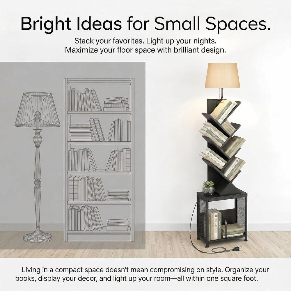 62" Tall Tree bookshelf cabinet, Oval Lamp Fabric Lightshade (Black)