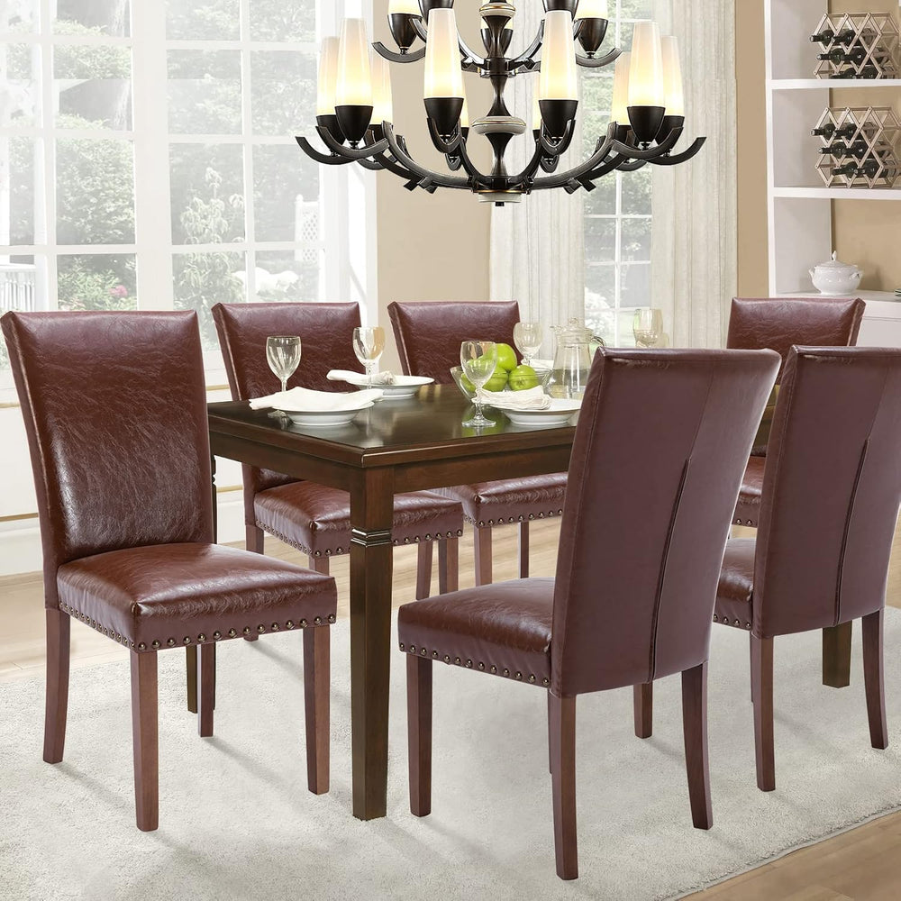Parsons Dining Chairs Set of 6, Upholstered Nailhead PU Leather Dining Room K...