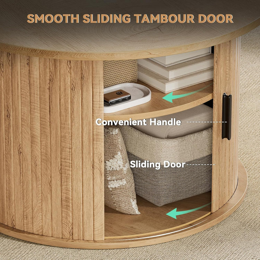 FABATO Round Lift Top Coffee Table Fluted Drum Table Sliding Door, Wood