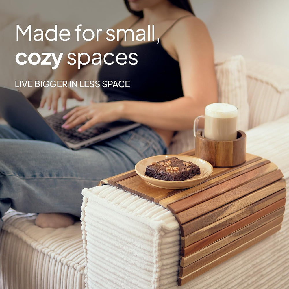 Acacia Couch Arm Tray for Drinks and Snacks with Detachable Cup Holder, Anti ...