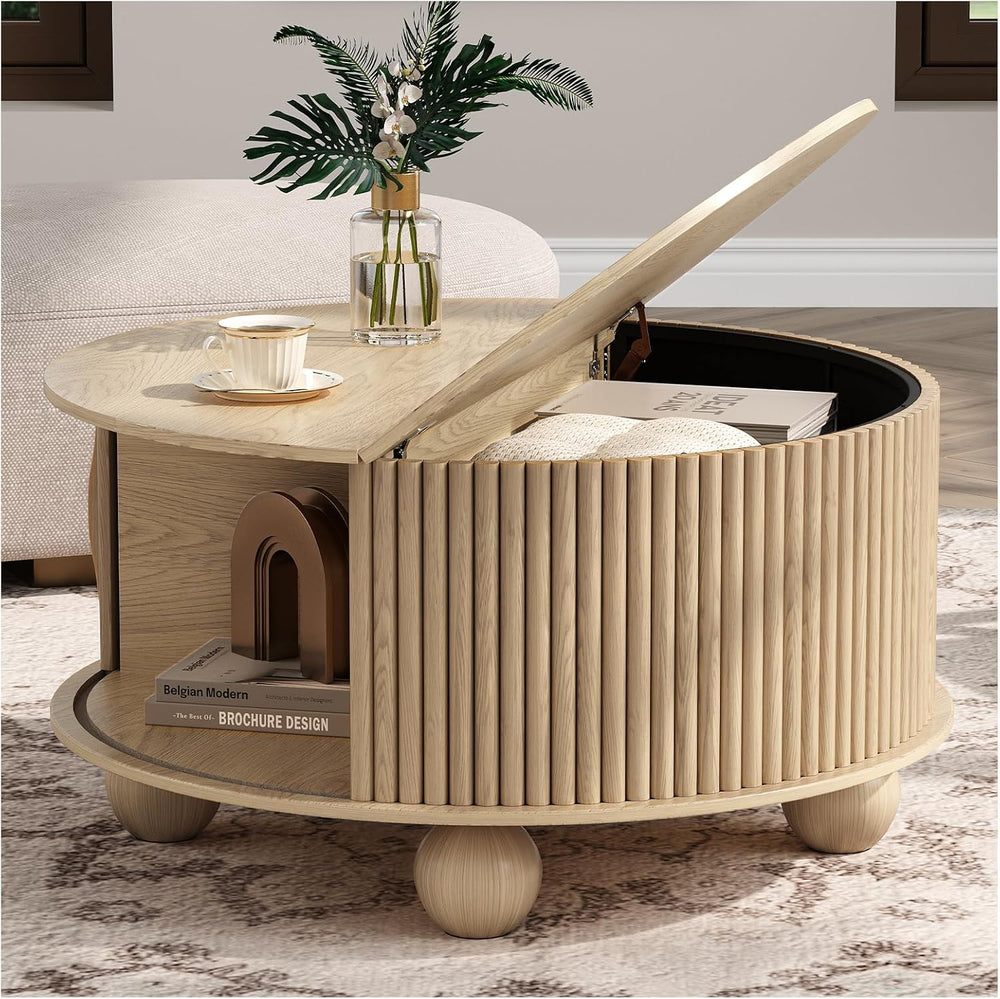 JOINICE 31.5" Round Coffee Table with Storage for Living Room,Natural Oak