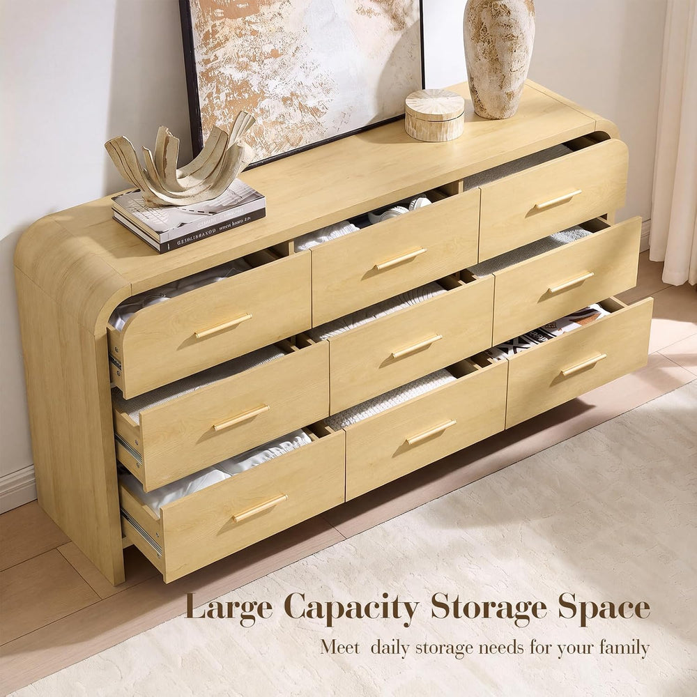 3-Piece Bedroom Set, Curved 9-Drawer Dresser&3-Drawer Nightstands