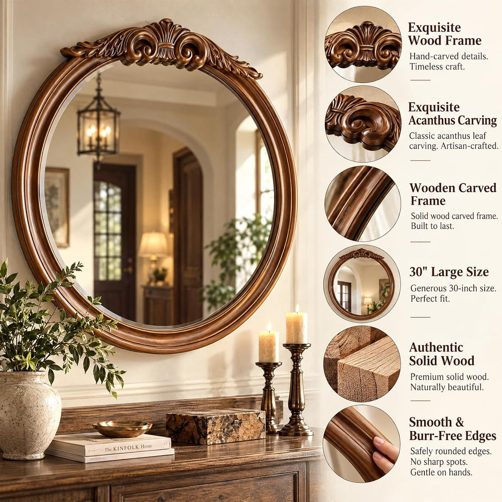 30 Inch Rustic Wall Mirror with Solid Wood Walnut Light Brown