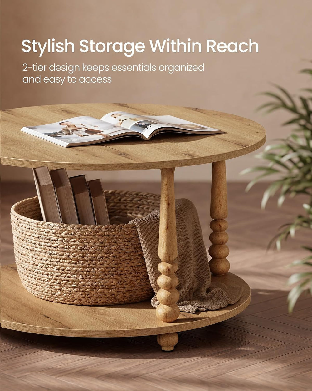 VASAGLE 2-Tier Round Coffee Table with Storage, Solid Wood Legs
