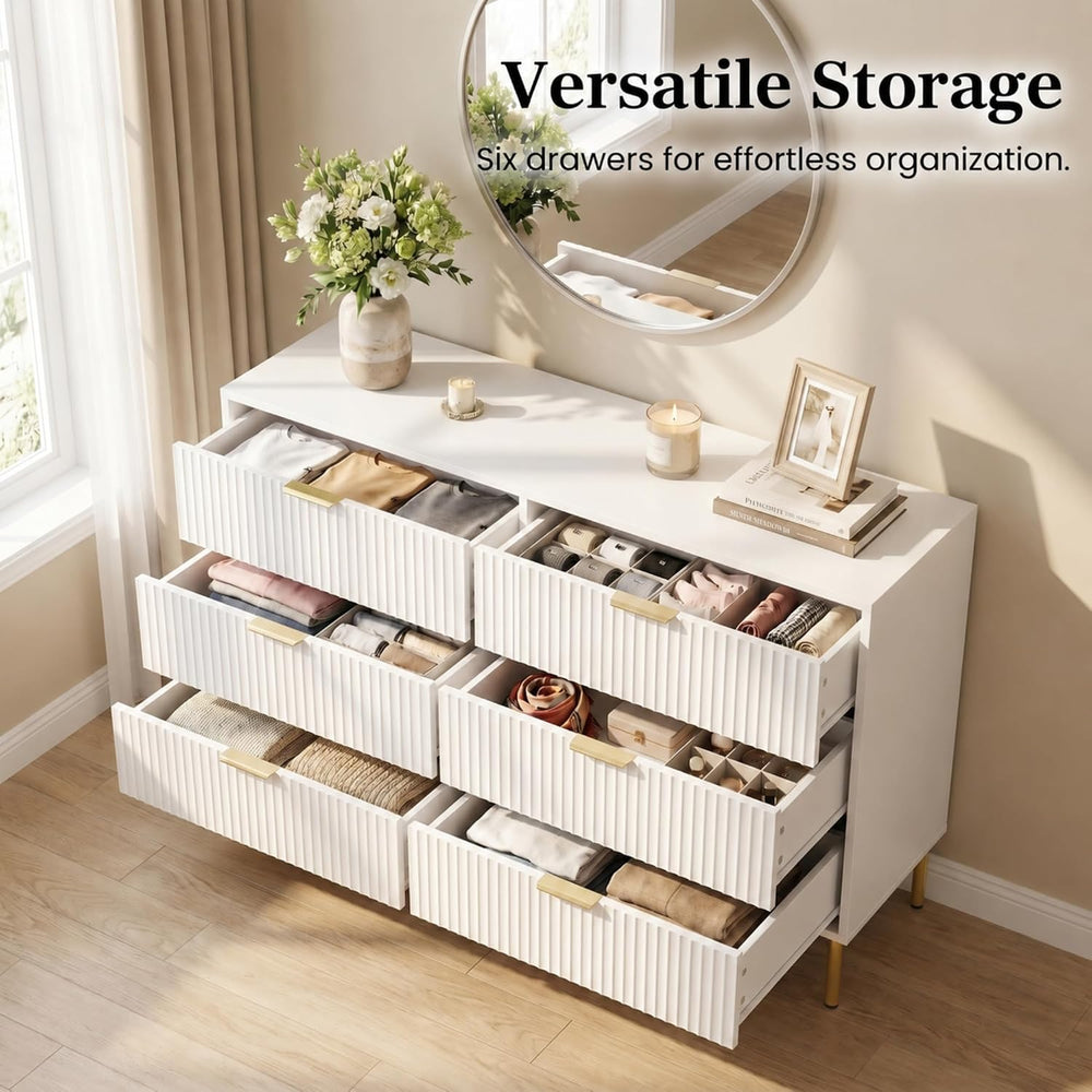 White and Gold 3-Piece Fluted Dresser and Nightstand Set for Bedroom