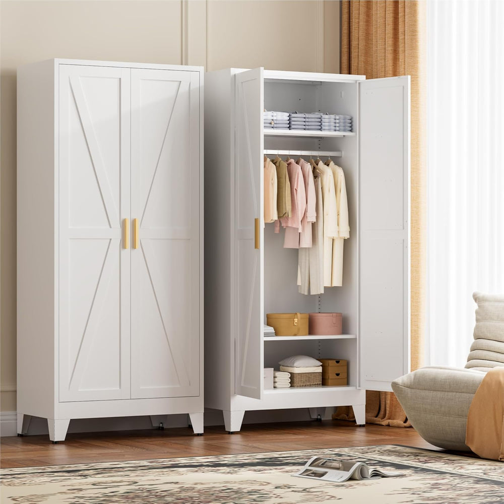 LCAOPC 71" Tall Metal Wardrobe Closet with Adjustable Shelves and Hangin...