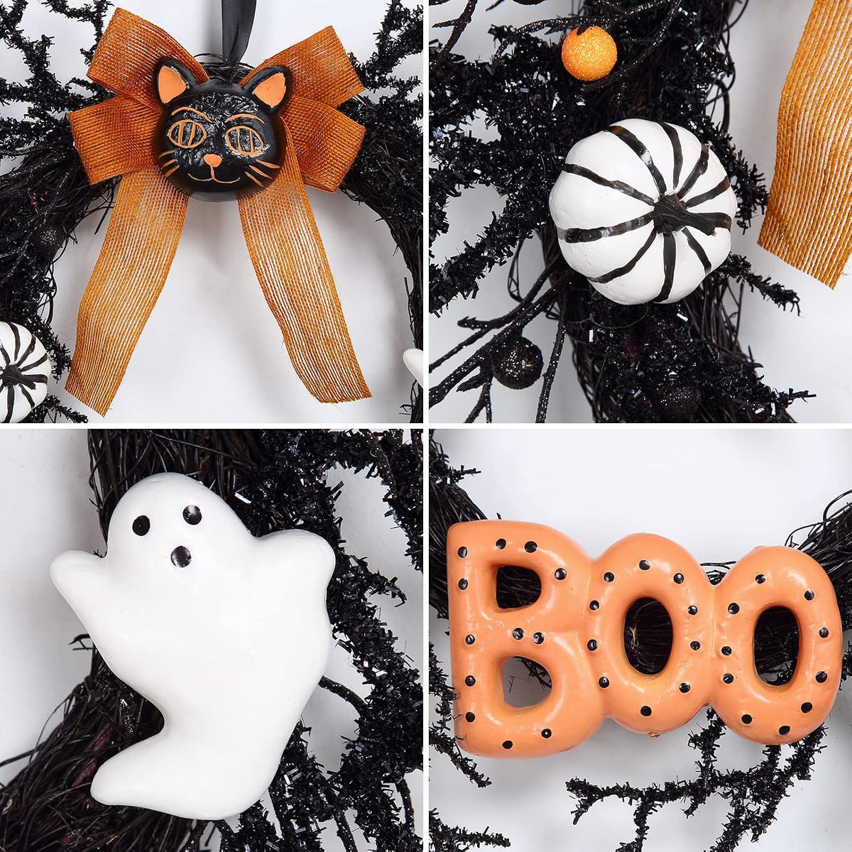 Halloween Wreaths for Front Door, 18Inch Halloween Wreath with Black Cat Boo Sign White Pumpkin and Ghost for Indoor Outdoor Window Proch Halloween Decoration
