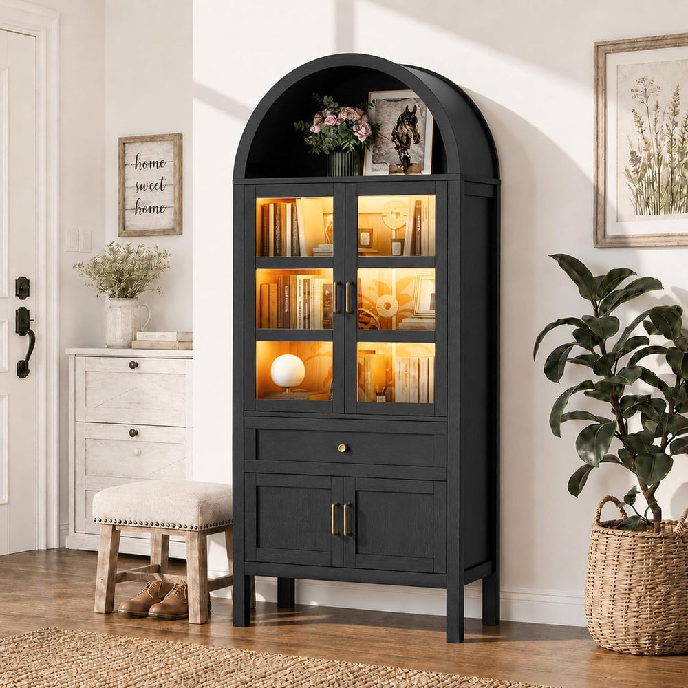 71" Tall Arched Storage Cabinet with Motion Sensor Lights, Farmhouse Fre...