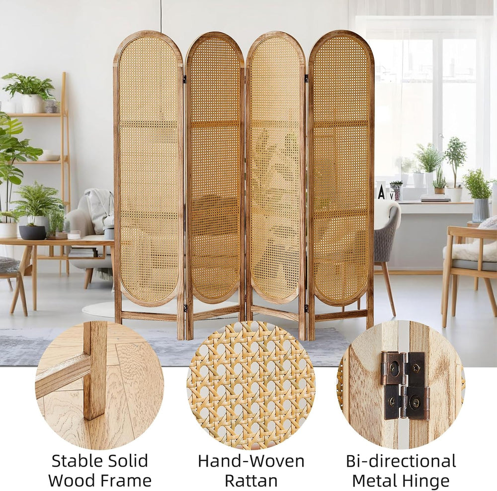 4 Panel Rattan Room Divider, Folding Room Divider Screen, Natural