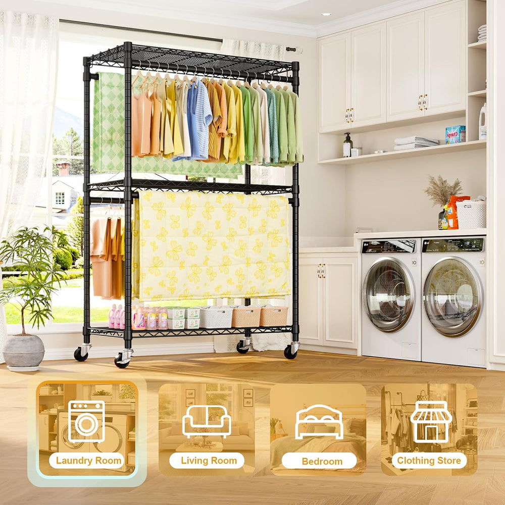 ULIFHOME Rolling Clothes Rack, Clothing Racks for Hanging Clothes, Black