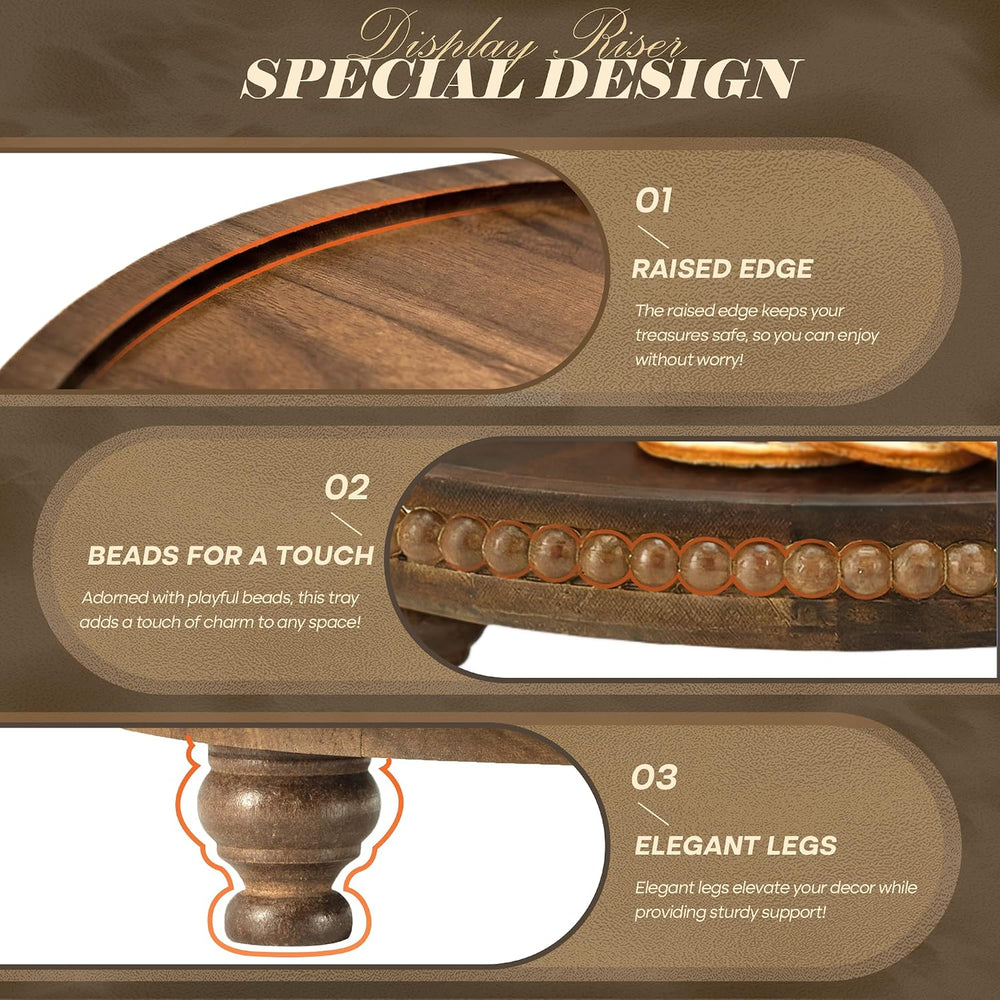 EOSAHR Beaded Acacia Wood Round Display Riser for Boho Kitchen Decor, Brown
